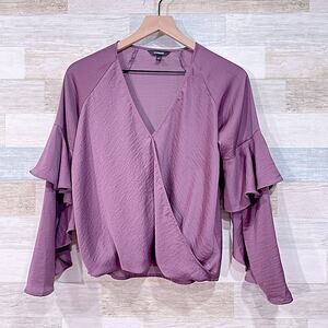 Express Woven Ruffle Sleeve Bubble Hem Wrap Blouse Top Purple Womens XS
